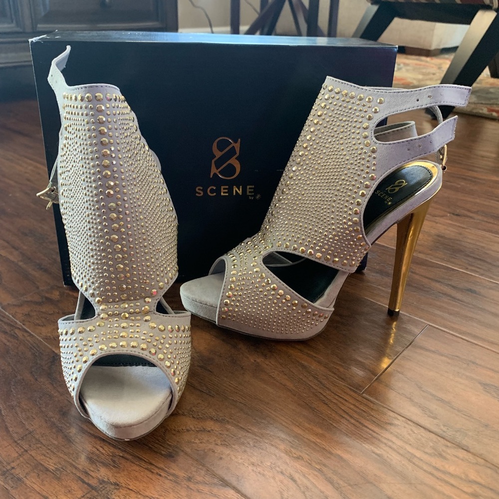 Taupe Peep Toe Studded Heels